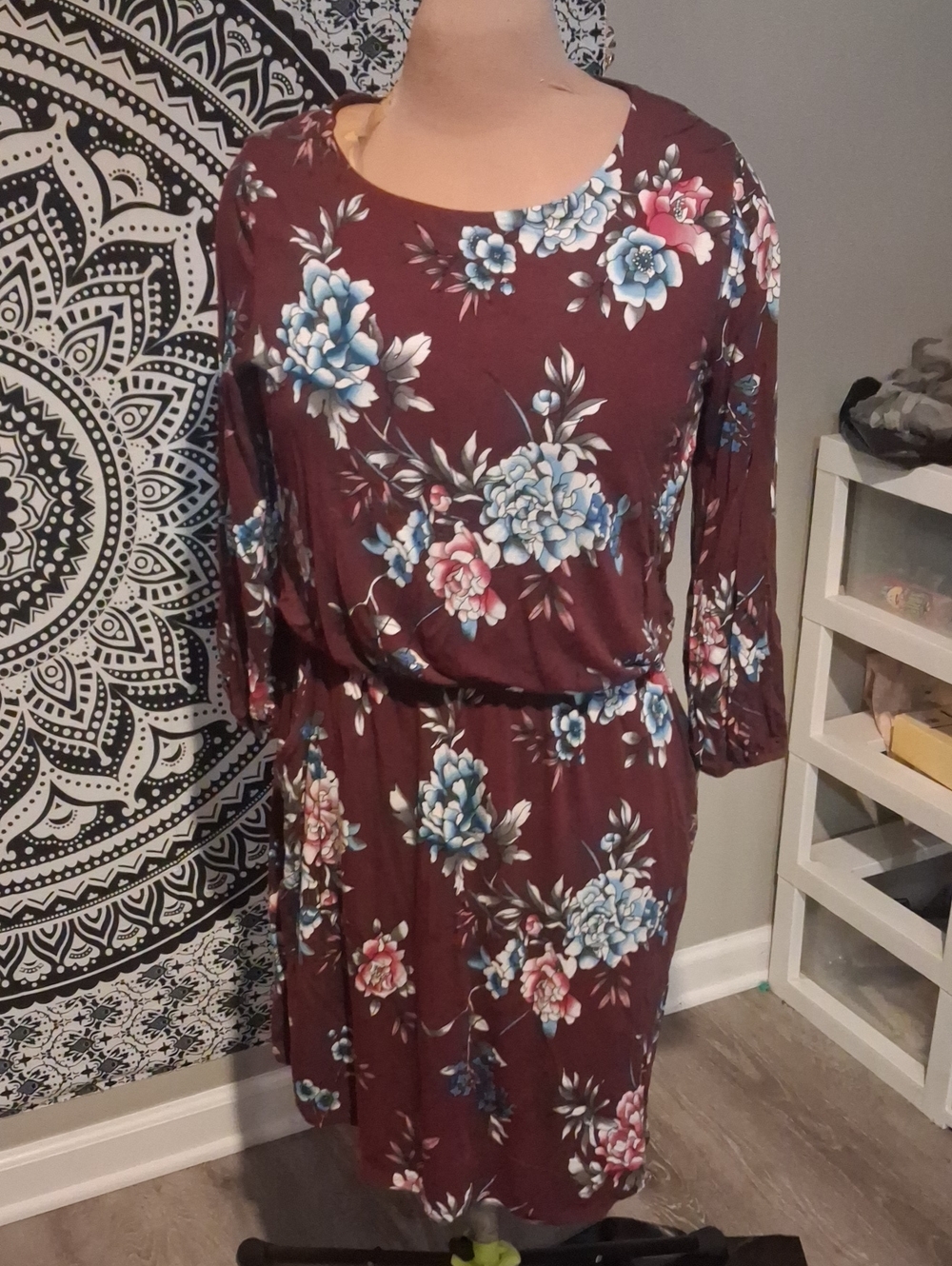 Apt. 9 Maroon Floral Long Sleeve Dress with Blue and Pink Blooms